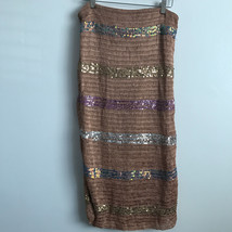 NBD Skirt M Brown Crochet Mosaic Stripe Mesh Knit Boho Sequin Pull On Liner - £25.87 GBP