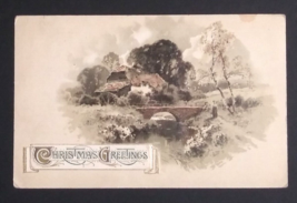 Christmas Greetings Scenic View Stone Bridge Textured Embossed Postcard ... - £3.86 GBP