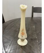 Fenton Hand Painted Bud Satin Custard Glass Vase Peach Rose D. Kyle - $41.61 CAD