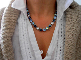 Blue Multi-colors Filigree Swarovski Crystal Collet Necklace • Art Deco Jewelry - £79.75 GBP