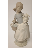 Vintage Lladro 4835 Girl with Lamb or Sheep and Basket Spain 9.5&quot; Matte ... - $44.96