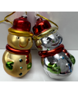 Vintage Lot 2 Silver Gold Plastic Snowmen 3 in Blow Mold Ornaments - $19.79