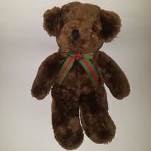 VTG Kuddle Me Toys Brown Teddy Bear Plush 14&quot; Stuffed Animal Red Green Bow xmas - £19.82 GBP