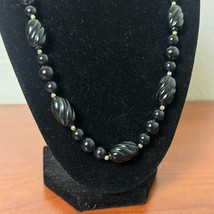 Vintage Acrylic Necklace Spiral 80s Black Beads Silver Tone Fashion Jewelry 21” - £5.33 GBP