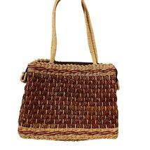 Vintage Boho Woven Wicker Handbag Purse Rust and Tan Grandma Core 8x10x3... - $514.52 MXN