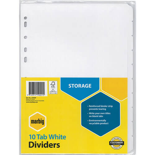 Marbig Manilla Reinforced Strip Dividers A4 (White) - 10 Tab - $15.53