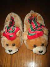 Avon Kids Christmas Bear Slippers sz L 11/12 brown plush faux fur nonslip sole - £8.02 GBP