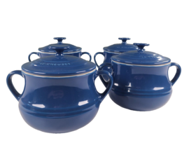 Set of 4 LE CREUSET Blue Stoneware Mini Bean Soup Pots with Lids - $99.00