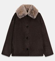ZARA BNWT 2025. DARK KHAKI WOOL COAT FAUX FUR COLLAR. 6318/292/507 - $157.61