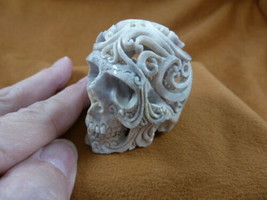 (Skull-w31) medium ornate human Skull figurine Bali antler carving cranium - $148.65