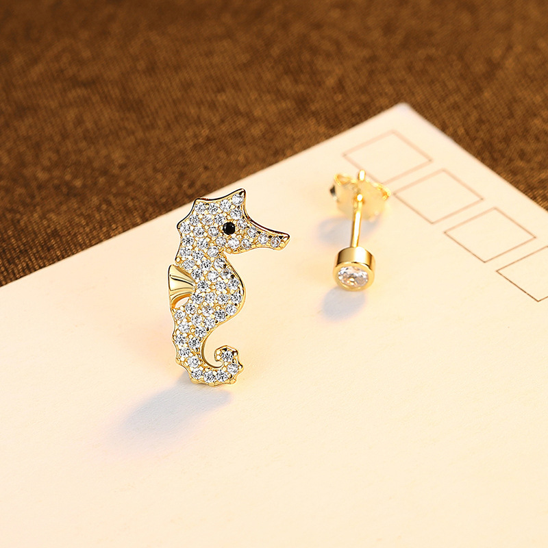 Primary image for Asymmetric Stud Earrings Sliver Ornament S925 Silver Earrings Color Seahorse Des