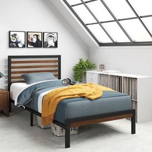 Twin Student Dorm Black Metal Platform Bed Frame with Brown Wood Slat Headboard - $3,905.98 MXN