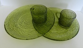 Soreno Anchor Hocking Avocado Green Bark Design Two Snack Plates and Cups - £17.03 GBP