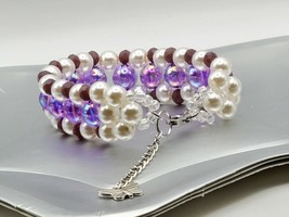 Handmade Bracelet-Adjustable Bracelet-Purple &amp; White Pearl Bracelet with Charm - £9.59 GBP