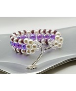 Handmade Bracelet-Adjustable Bracelet-Purple &amp; White Pearl Bracelet with... - £9.41 GBP