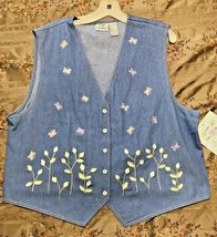 Denim Vest Vintage Koret City Blues Sz XL Grandma Embroidery Flowers Butterflies - £15.01 GBP