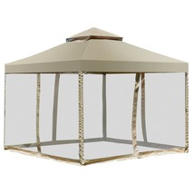 10 x 10 Ft Outdoor Gazebo with Tan Brown Polyester Canopy and Mesh Side Walls - £272.02 GBP