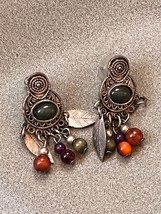 Ornate Silvertone w Green Cab &amp; Leaf &amp; Orange &amp; Purple Bead Dangle Post Earrings - £10.49 GBP
