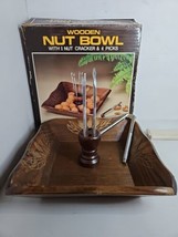Vintage Wooden Nut Bowl With 1 Nut Cracker And 4 Picks Original Box - £11.08 GBP