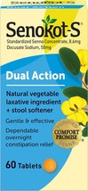 Senokot-S Dual Action 60 Tablets, Natural Vegetable Laxative Ingredient Plus Sto - £31.16 GBP