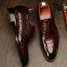 Handmade Men&#39;s Cowhide Crocodile Burgundy Leather Oxford Shoes Formal Dress Boot - £101.67 GBP