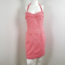 Phoebe Coral Pink Dress Woven Ruched Halter Sz 6 Barbiecore Trend Raw Edge - £38.64 GBP