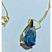 14KT YELLOW GOLD LONDON BLUE TOPAZ &amp; DIAMOND PENDANT NECKLACE SKY - $321.75