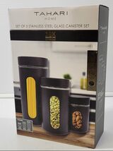 *L) Set 3 Tahari Home Signature Stainless Steel Glass Black Canister 17T... - $24.74