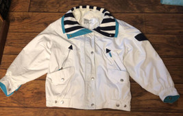 Mulberry Street Vintage White W/ Teal Accents &amp; Stripes Multiple Pocket Jacket M - £21.13 GBP