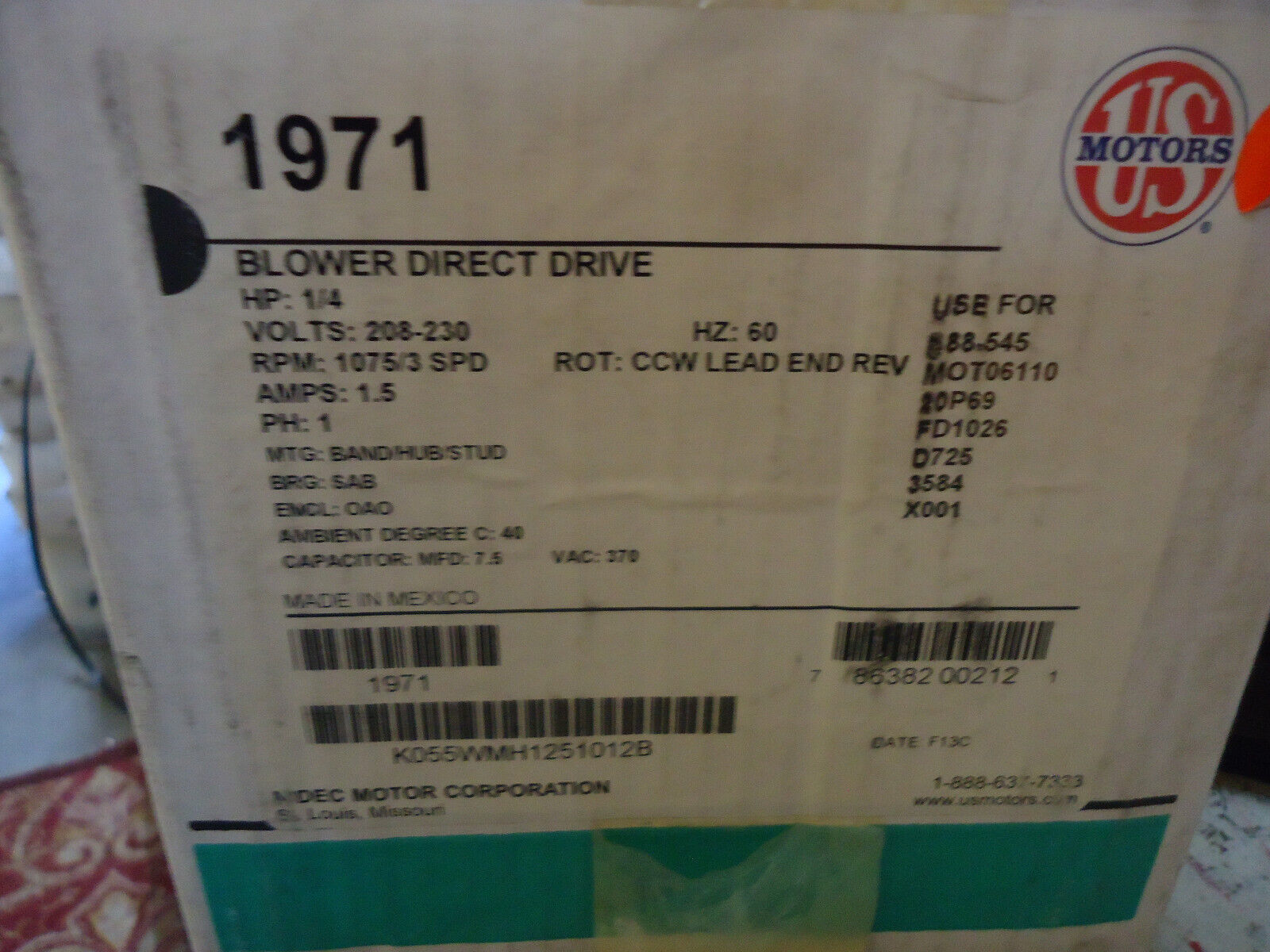 US Motors Nidec 1/4 hp 1075 RPM 208-230V Blower Motor P/N 1971 - $118.79
