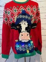 Holiday Time Ugly Christmas Sweater Lights Up Unisex Medium 38 40 Cow Fa... - $741.45 MXN