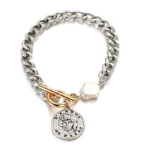 R cuban chain bracelets for women fashion irregular pearl coin portrait charm bracelets thumb200