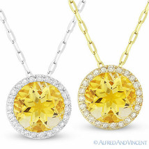 1.36 ct Round Cut Yellow Citrine Gemstone Diamond Halo Pendant 14k Gold Necklace - £305.40 GBP
