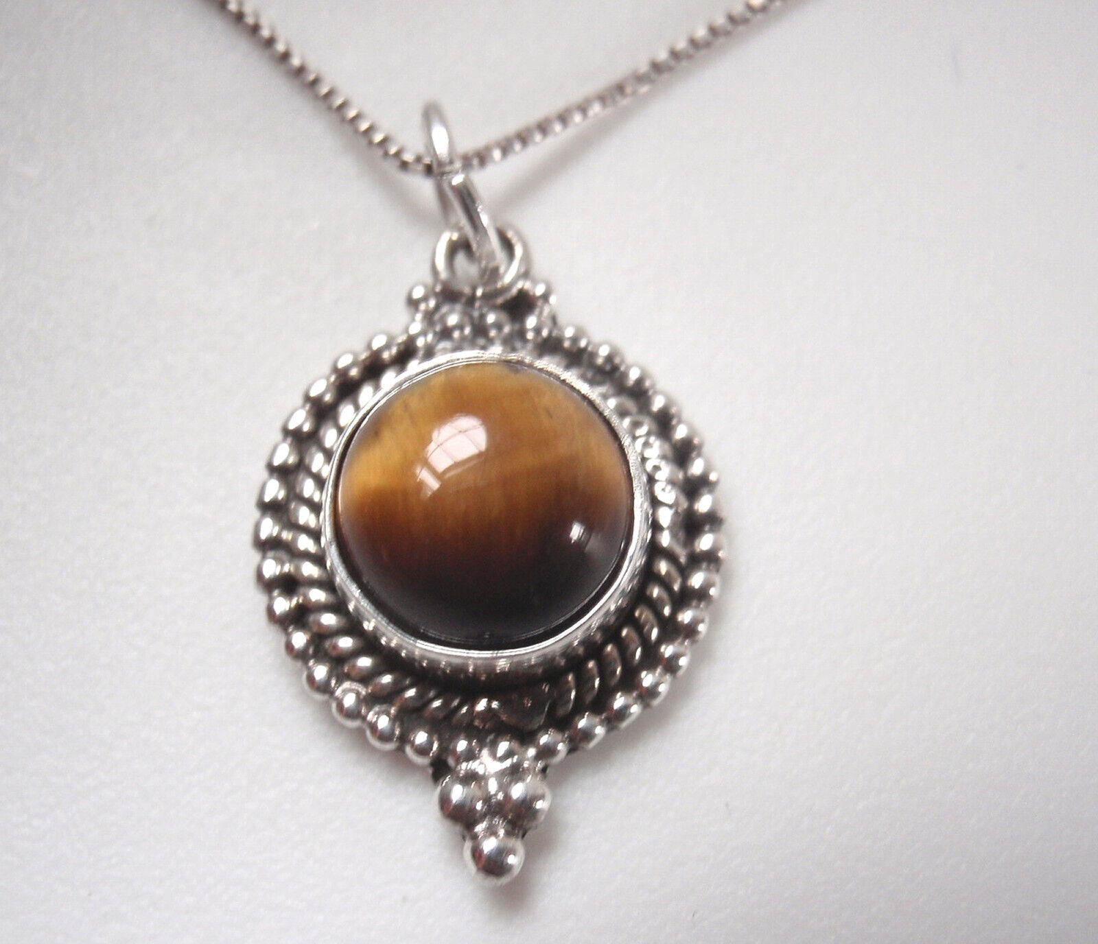 Round Tiger Eye 925 Sterling Silver Necklace Silver Dot Accented - £11.50 GBP