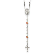 Silver RH-plated Beaded w/Rose-tone Roses Rosary 21in Necklace QG5608 - £86.65 GBP