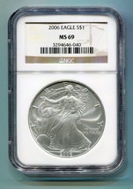 2006 AMERICAN SILVER EAGLE NGC MS 69 BROWN LABEL PREMIUM QUALITY MS69 PQ - £43.16 GBP