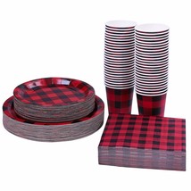 200 Pieces Red And Black Buffalo Plaid Dinnerware For 50 Guests Disposab... - £36.95 GBP
