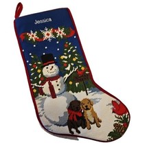 LL Bean Christmas Stocking Needlepoint Puppies Snowman Tree Velvet JESSICA - £22.20 GBP