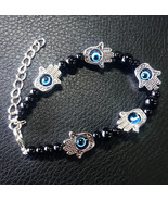 Black Onyx Evil Eye Bracelet Lucky Hamsa Khamsa Evil Eye Bracelet Hand o... - $23.03 CAD