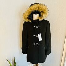 Cole Haan Wool Blend Faux Fur Trim Hooded Coat, Brown, Size 4, NWT - $135.20