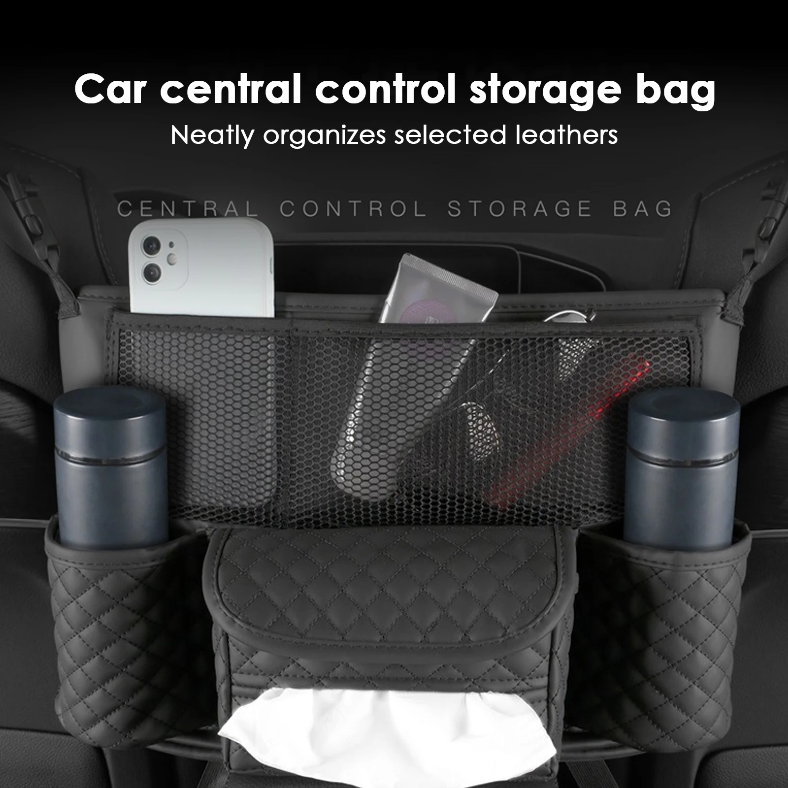 Leather Car Seat Gap Storage Hanging Bag Multifunctional Net Bag Tissue Box Cu - £20.67 GBP