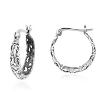 Bohemian Vintage Inspired Swirls V-Lock Bali Hoop Sterling Silver Earrings - £10.06 GBP