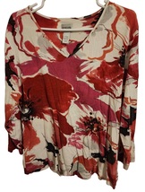 Chico&#39;s Women&#39;s Size 3 Red, White, and Black Floral V-Neck Blouse - 3/4 Sleeve - £14.15 GBP