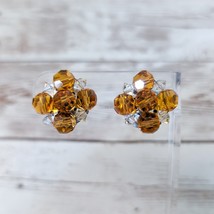 Vintage Clip On Earrings Amber Tone &amp; Clear Beads - $13.99