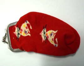 Vintage Childs Sock Kiss Lock Coin Purse Cats Kittens Print On Red Fabric Sock - £10.16 GBP