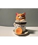 Vintage Kitty Cat in Tea Cup 2 Biscuits Hinged Trinket Box,  Direct Conn... - $303.99 MXN