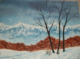 Vtg Winter Landscape Water Color Painting Snow Bare Tree Cold Mountain Scene Mcm - £39.50 GBP