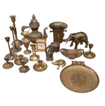 Vtg Brass Metal Lot Estate Candle Holder Elephant Frog Trinket Box Linden Clock - $79.99