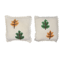 Vintage 70s Mid Century Modern MCM Pair of Hand Crochet Throw Pillows Leaves 18&quot; - £70.22 GBP