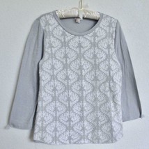 J. Crew Embroidered Front Top L Gray White Micro Rib Knit T Artsy Classic - £15.92 GBP